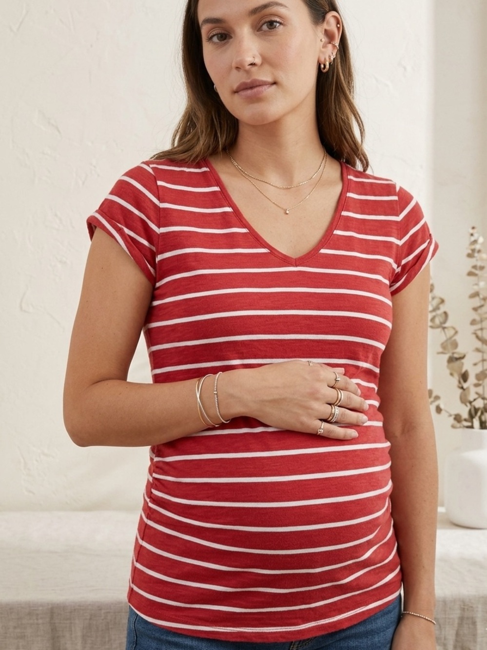 Liz Lange Target Red Striped Maternity V-Neck Top